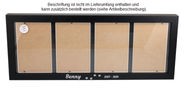 Preview: Bilderrahmenurne schwarz, Holzurne, 1,65 Liter Preview: Beispiel einer Folienbeschriftung mit Name, Lebensjahre und Pfotenspur, Schriftart Courgette in weiß